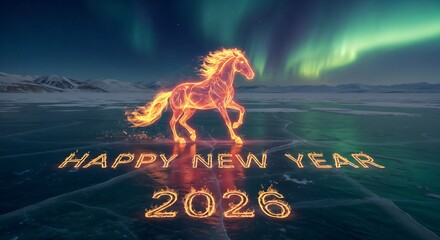 A fiery horse symbolizing the New Year 2026 against the backdrop of the Northern Lights, wishing you a happy new year