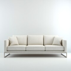 Contemporary beige upholstered sofa with metal legs and two throw pillows against a white wall