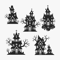 A set of Halloween houses with spooky details. The houses vary in size and feature.