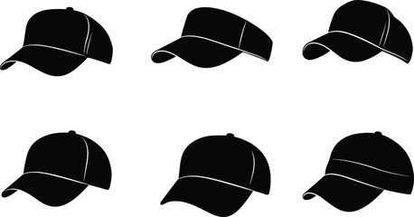 Baseball cap silhouettes, black vector illustration, casual sport hat icons, stylish headwear design, modern fashion accessory, trendy caps collection, isolated