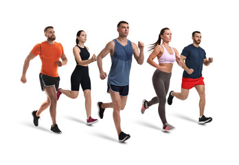 Sporty men and women running on white background