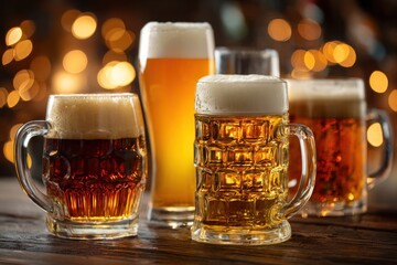 Four Mugs of Beer with Bokeh Lights Background.