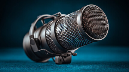 Obraz premium A close up studio shot of a silver microphone with a mesh grill on a blue background