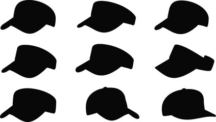 Cap silhouettes collection, baseball caps, casual headwear, vector illustration design, black hat icons, sports fashion accessory, stylish retro and modern caps