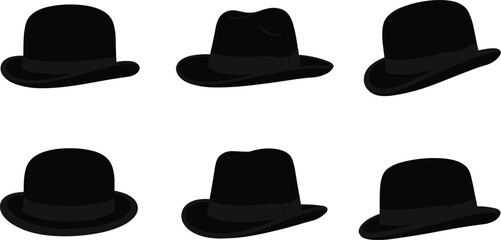 Collection of bowler and fedora hat silhouettes with bands, vintage men’s fashion headwear icons for retro, elegant, and formal style