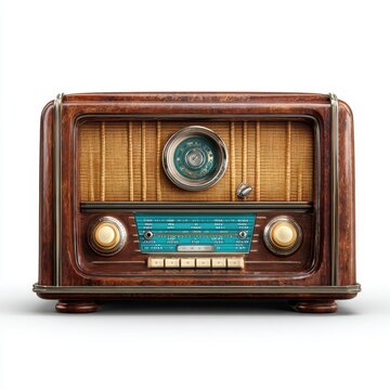 Vintage wooden radio with golden grille blue dial and cream knobs on white background