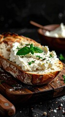 Bread topped with cream and herbs on dark wood