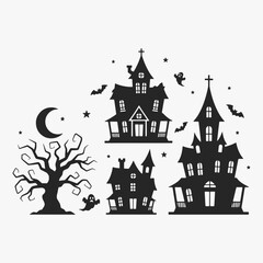 A set of Halloween houses with spooky details. The houses vary in size and feature.