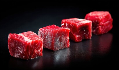 Four raw beef cubes in a row on a dark background, ready for cooking.