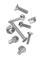 Different bolts and nuts falling against white background
