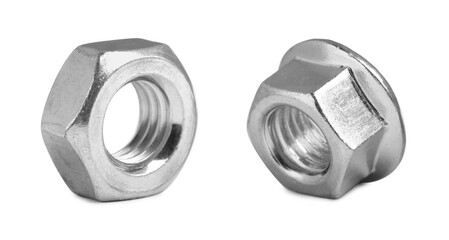 Two metal flange and hex nuts isolated on white