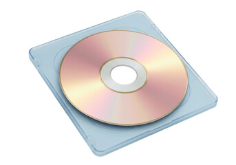 Compact disc in jewel case isolated, light blue CD case with disc, digital data storage for music and software, no background