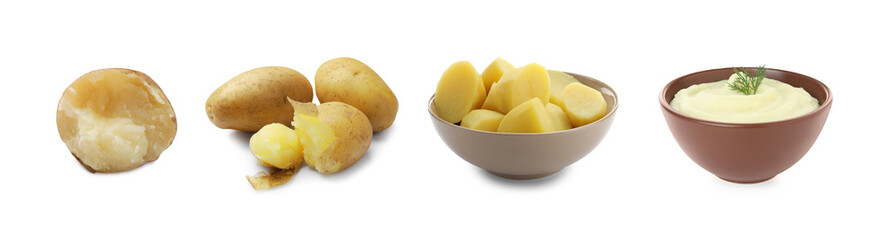 Bland food taste. Baked, boiled and mashed potatoes isolated on white, set
