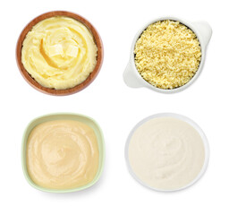 Collection of foods with bland taste isolated on white, set. Top view