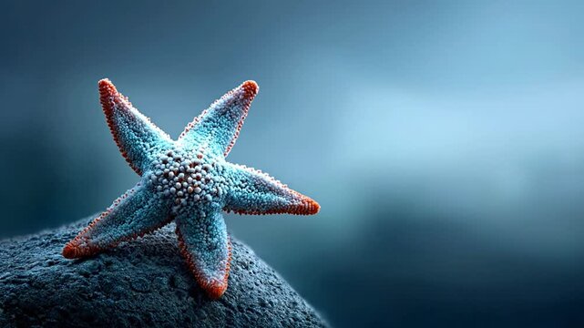 Vibrant starfish on a rock against a moody blue background