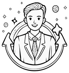Smiling businessman in a suit with a tie, surrounded by a circular arrow and abstract shapes, vector illustration.