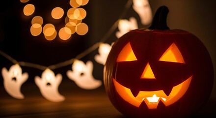 Illuminated jackolantern with triangular eyes and jagged teeth in a dimly lit room