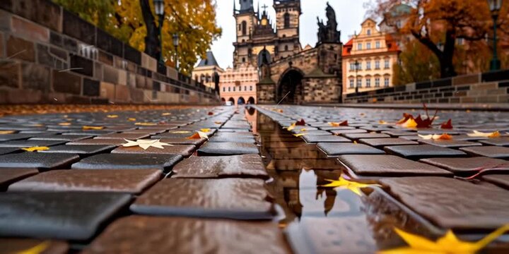 Fallen yellow leaves on wet cobblestones reflecting the famous charles bridge in prague