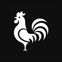 Rooster white silhouette logo vector on black background, clean art farm animal design great for poultry branding, eco packaging, and rustic logos.