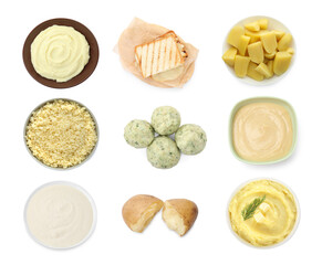 Collection of foods with bland taste isolated on white, set. Top view