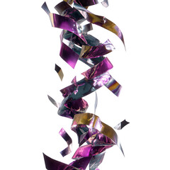 Metallic Purple and Silver Confetti Cascading on Transparent Background with Holographic Effect Ideal for Festive Celebrations Events and Creative Design Projects