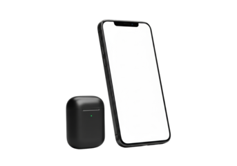 Matte black modern smartphone with blank white screen, pill notch, and matching wireless earbud case, isolated on transparent background with soft studio light, high-end tech showcase