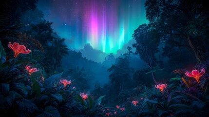 Pink and Aqua Aurora Sky Above Glowing Red Flowers in a Dark Tropical Forest