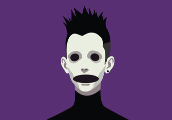 A flat illustration of a stylized, pale-faced person with dark hair and a black turtleneck.