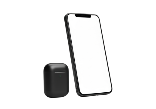 Matte black modern smartphone with blank white screen, pill notch, and matching wireless earbud case, isolated on transparent background with soft studio light, high-end tech showcase