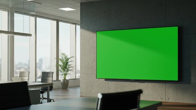 Green screen television in modern office space with city view