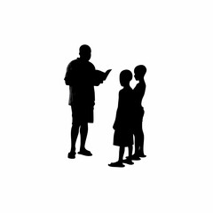 Literacy trainer reading to villagers silhouette isolated on white background