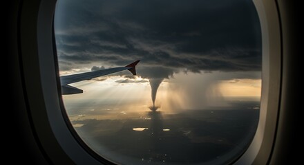Aerial view through airplane window showing storm clouds and wing
