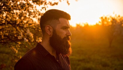 Bearded Man in Nature at Golden Hour