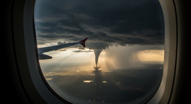 Aerial view through airplane window showing storm clouds and wing