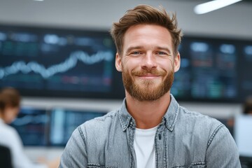 Confident young financial analyst smiling in a modern trading environment with stock market data displayed on screens highlighting trends and opportunities in economic analysis
