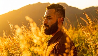Bearded Man in Nature at Golden Hour