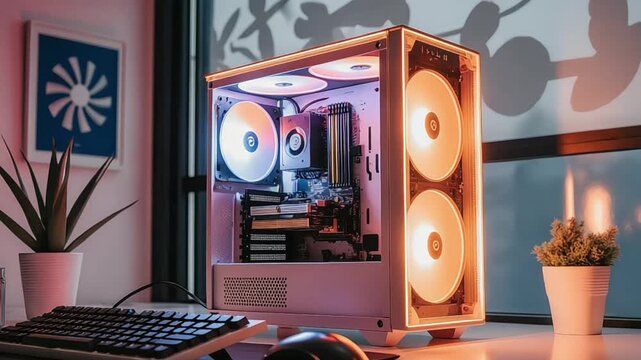 Gaming computer setup featuring a modern PC case with RGB lighting and peripherals