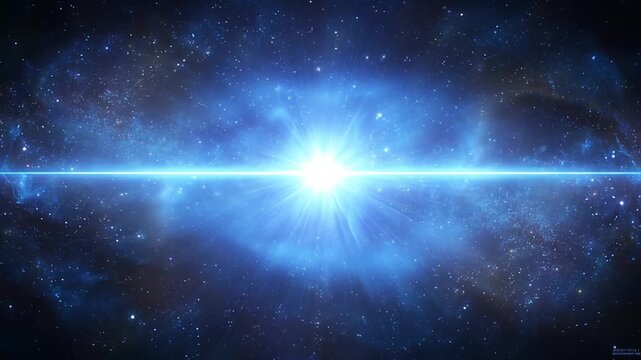 A vibrant blue cosmic scene featuring a radiant central light source, possibly a star or supernova, emitting bright rays across a dark, starry expanse. 