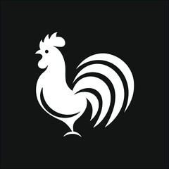 Elegant rooster vector logo white on black , minimalist chicken design for organic farms, rural brands, and natural product packaging.
