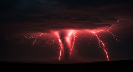 Dramatic red lightning strikes across a dark stormy sky