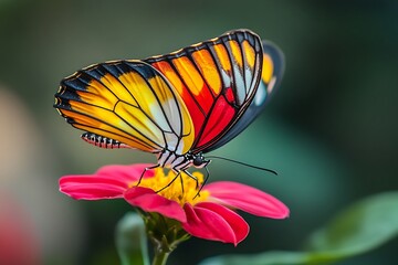 A vibrant, multicolored butterfly delicately perched on a bright pink flower, a breathtaking moment of nature's artistry with sharp focus and blurred background.