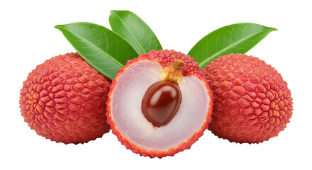 Fresh lychee fruits isolated on transparent background, tropical fruit with green leaves and red spiky skin, healthy exotic food