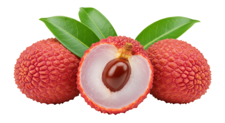 Fresh lychee fruits isolated on transparent background, tropical fruit with green leaves and red spiky skin, healthy exotic food