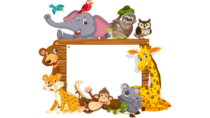 Cute baby cartoon animal frame with a set of wild safari jungle mammal characters like a giraffe, lion, elephant, and tiger vector illustration for a zoo frame