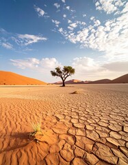 desert scene with a lone tree growing in the middle of a vast, dry landscape