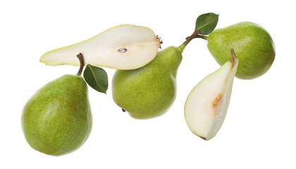 Fresh green pears flying in air on white background © New Africa
