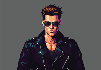 Obraz premium Illustrated man with sunglasses and leather jacket, looking directly at the viewer, against a gray background.