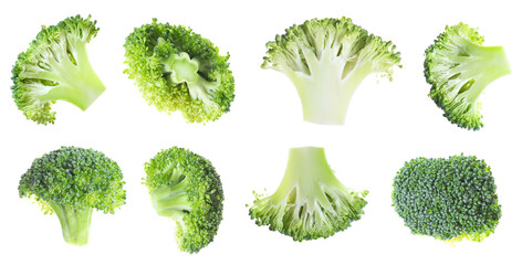 Fresh broccoli florets isolated on white, set