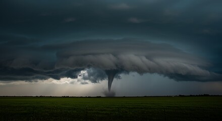 Dramatic tornado in open field under dark cloudy sky weather phenomenon