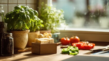 Fresh Herbs and Vegetables on a Sunlit Kitchen Countertop.